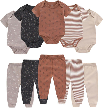 Ruliby Baby Bodysuit and Pant Set 10-pcs Cotton Soft Newborn Clothes Outfit