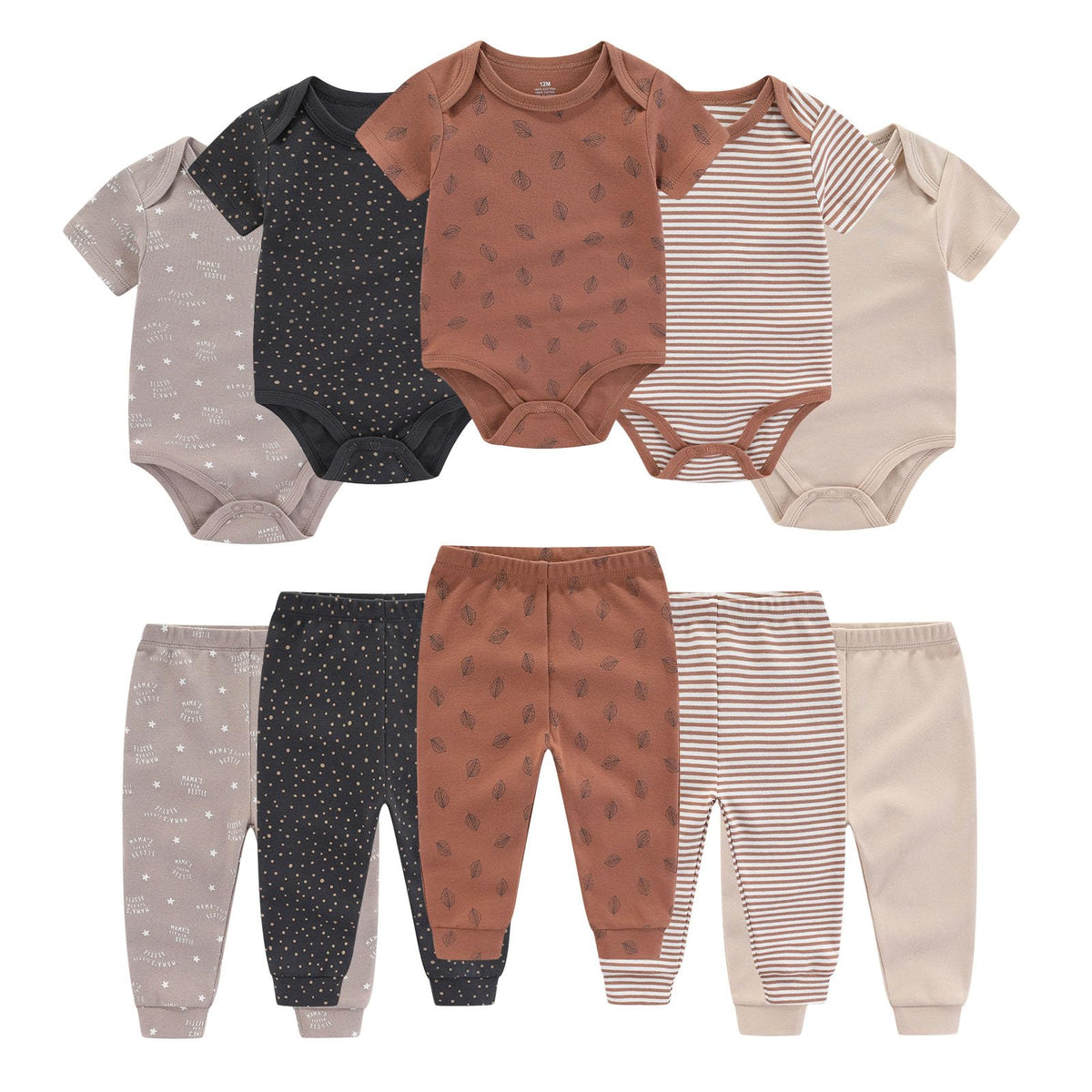 Ruliby Baby Bodysuit and Pant Set 10-pcs Cotton Soft Newborn Clothes Outfit