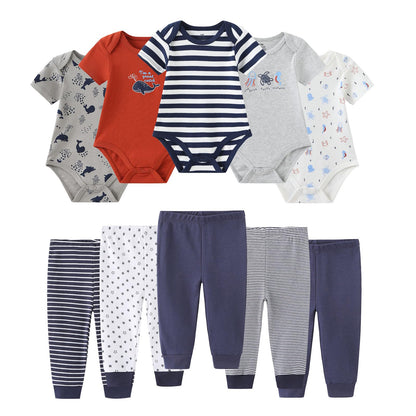 Ruliby Baby Bodysuit and Pant Set 10-pcs Cotton Soft Newborn Clothes Outfit