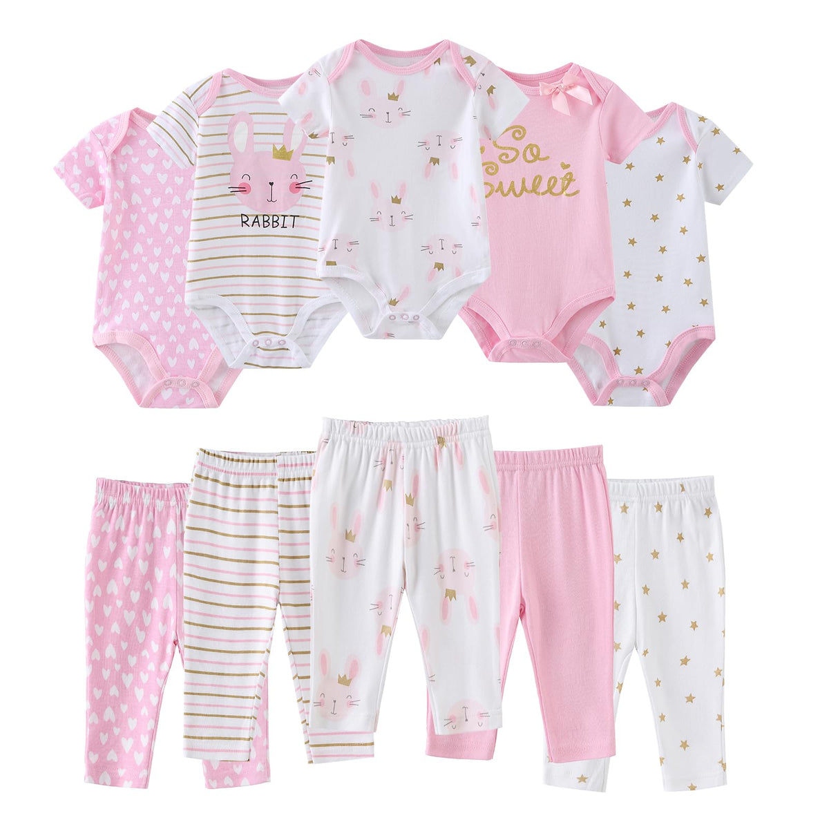 Ruliby Baby Bodysuit and Pant Set 10-pcs Cotton Soft Newborn Clothes Outfit