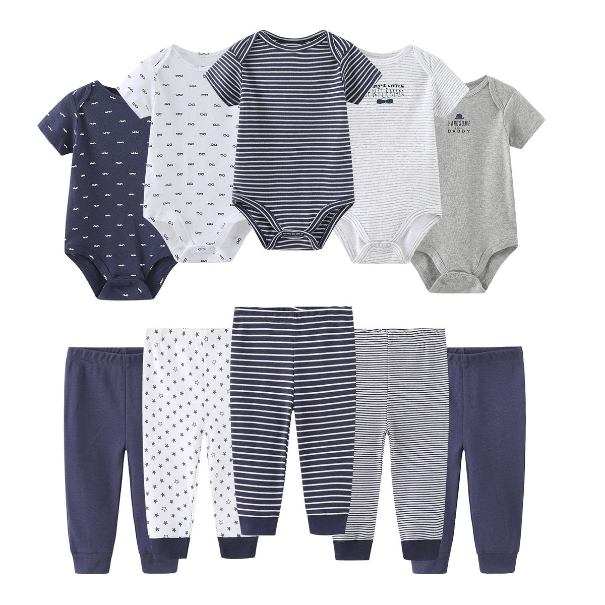 Ruliby Baby Bodysuit and Pant Set 10-pcs Cotton Soft Newborn Clothes Outfit